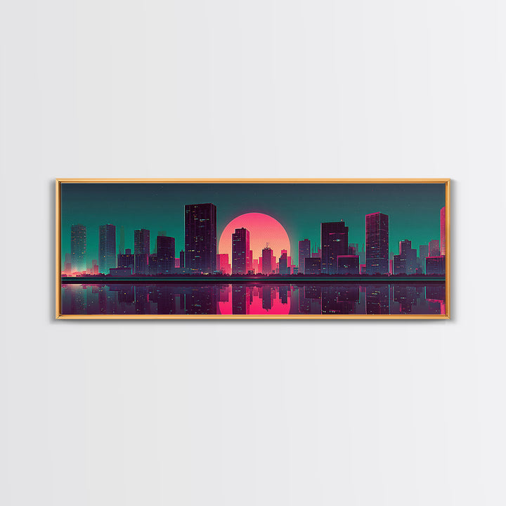 Neon City Skyline Reflection Canvas Print, Retro Futuristic Wall Art, Cyberpunk Office Decor, Modern Apartment Decor, Gift For Him