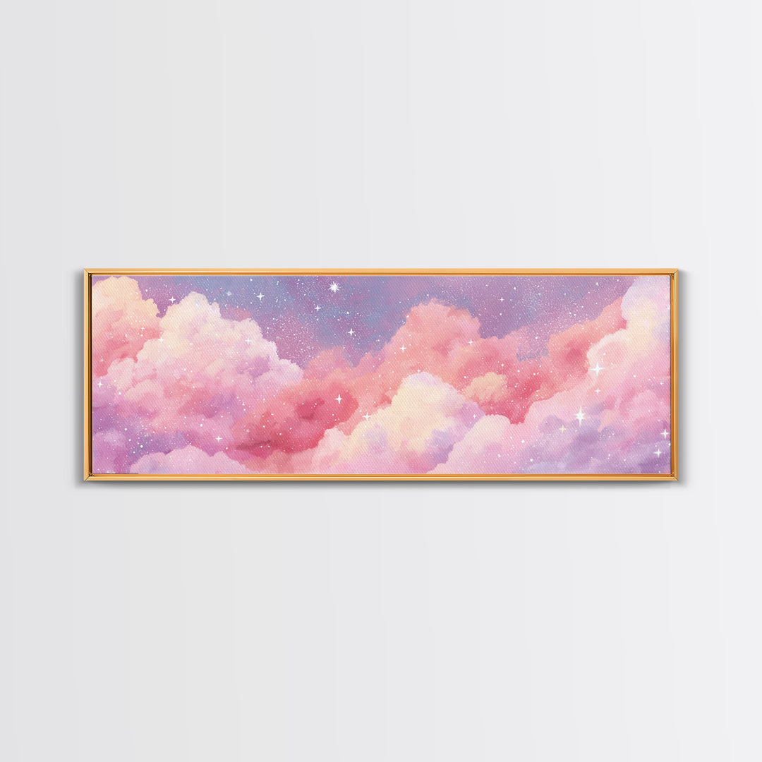 Pink Cotton Candy Clouds Wall Art, Dreamy Celestial Sky Print, Starry Nursery Decor, Pastel Bedroom Canvas Art Gift For Her
