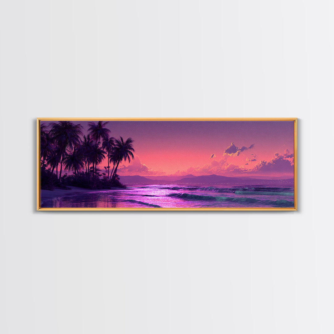 Tropical Purple Beach Sunset Wall Art, Palm Tree Ocean Landscape Canvas Print, Coastal Decor, Romantic Bedroom And Living Room Art