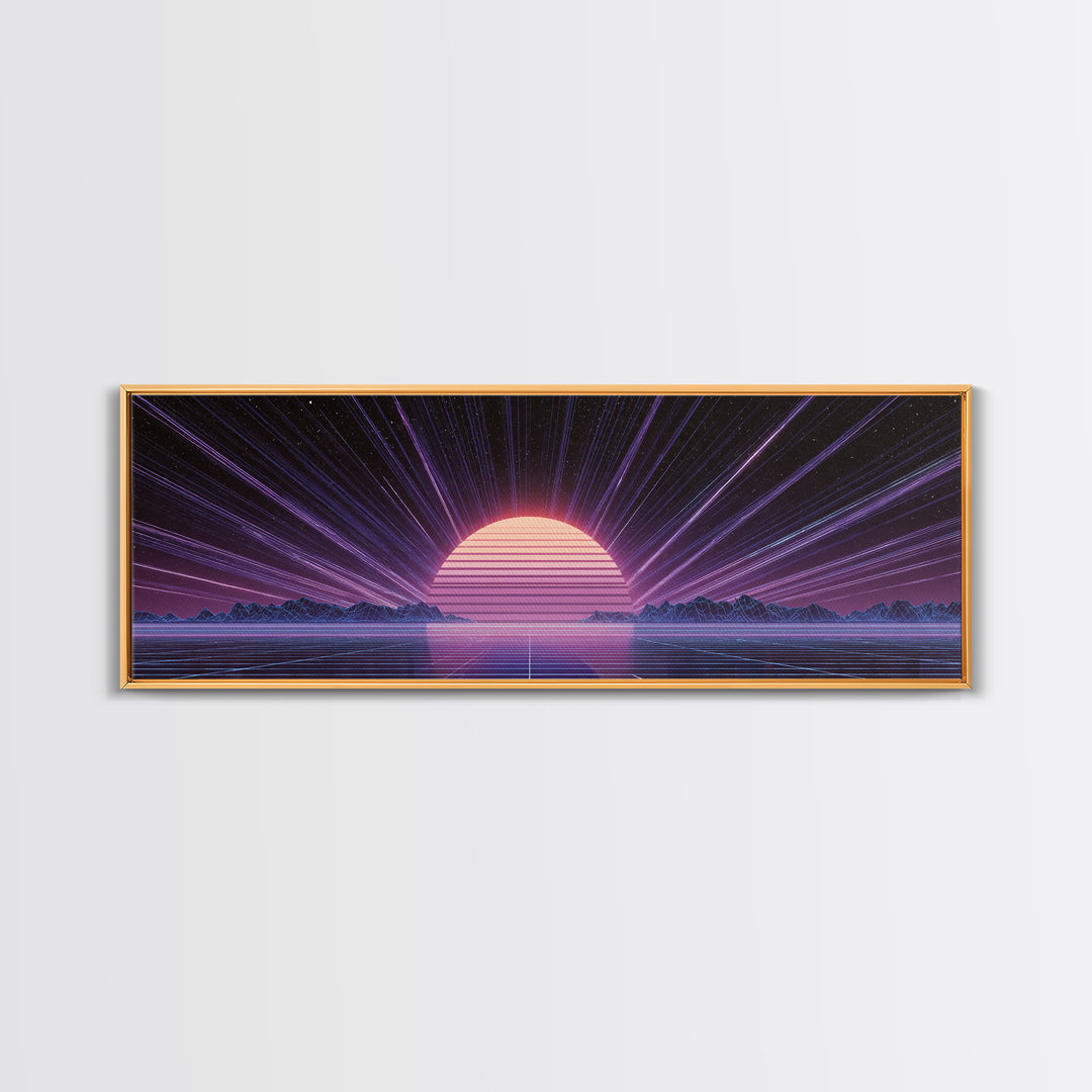 Retro Futuristic Sun Over Neon Lake Canvas Print, Synthwave Wall Art, Vaporwave Poster, Gaming Room Decor, Cyberpunk Gift