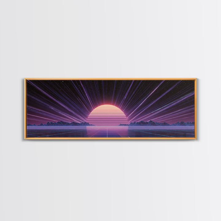 Retro Futuristic Sun Over Neon Lake Canvas Print, Synthwave Wall Art, Vaporwave Poster, Gaming Room Decor, Cyberpunk Gift
