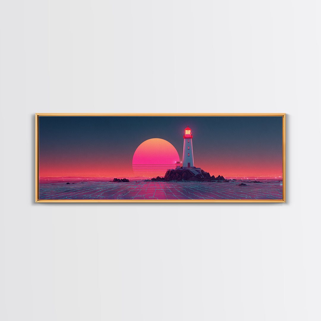 Neon Lighthouse Sunset Over Ocean, Synthwave Coastal Wall Art, Retro Futuristic Canvas Print, Large Beach House Decor, Wall Decor