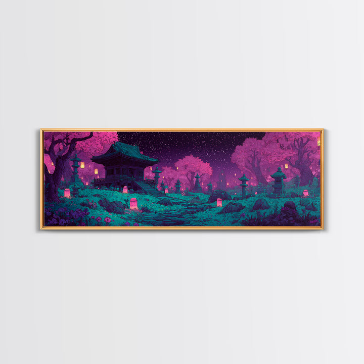 Pixel Art Cherry Blossom Shrine Wall Art, Japanese Garden Canvas Print, Whimsical Lantern Decor For Maximalist Room Wall Decor