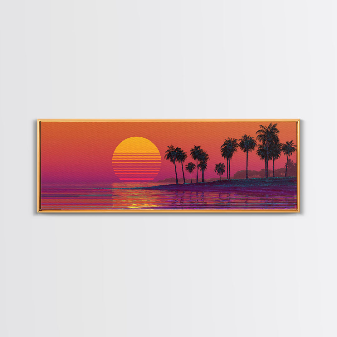 Retro Palm Beach Sunset Canvas Print, Tropical Ocean Wall Art, Vaporwave Coastal Decor For Living Room And Bedroom Wall Decor