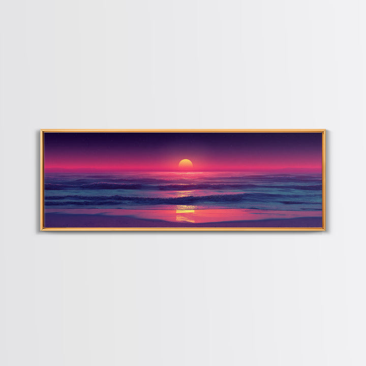 Pink Ocean Sunset Beach Canvas Print, Neon Seascape Wall Decor, Coastal Wall Art, Summer Beach House Living Room Decor Print