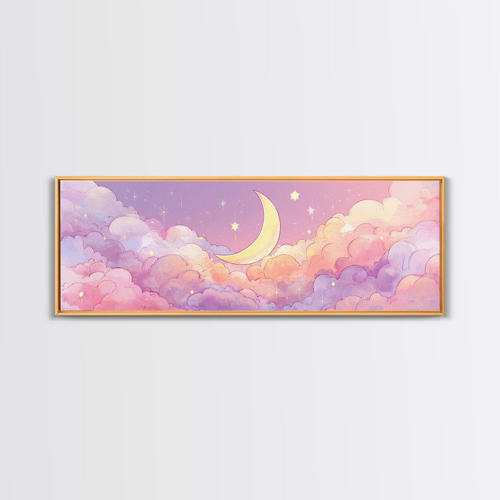 Cute Crescent Moon In Pastel Clouds Wall Art, Whimsical Celestial Nursery Decor, Pink Kids Room Canvas Print, Baby Shower Gift