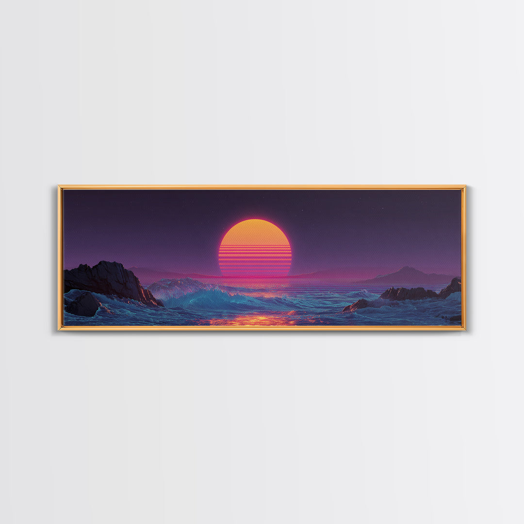 Neon Synthwave Sunset Over Alien Ocean Canvas Print, Retro Futuristic Wall Art, Vaporwave Coastal Bedroom Living Room Decor