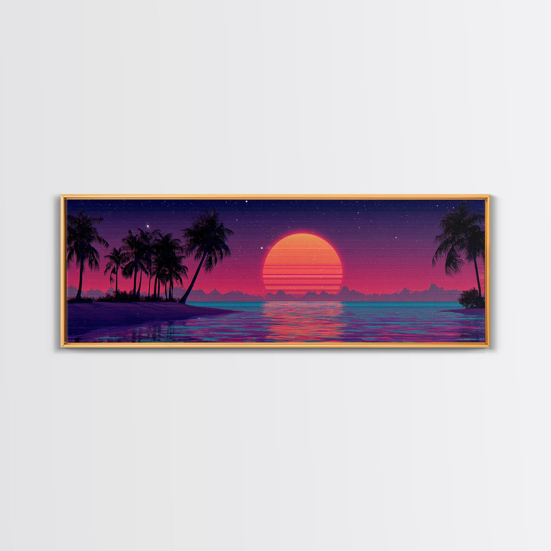 Neon Tropical Sunset With Palm Trees Wall Art, Retro Coastal Canvas Print, Beach House Decor, Large Panoramic Artwork For Living Room Decor
