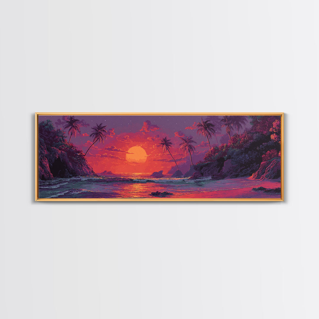 Vibrant Tropical Sunset Wall Art, Neon Palm Beach Seascape, Colorful Coastal Canvas Print, Island Living Room Home Decor Gift