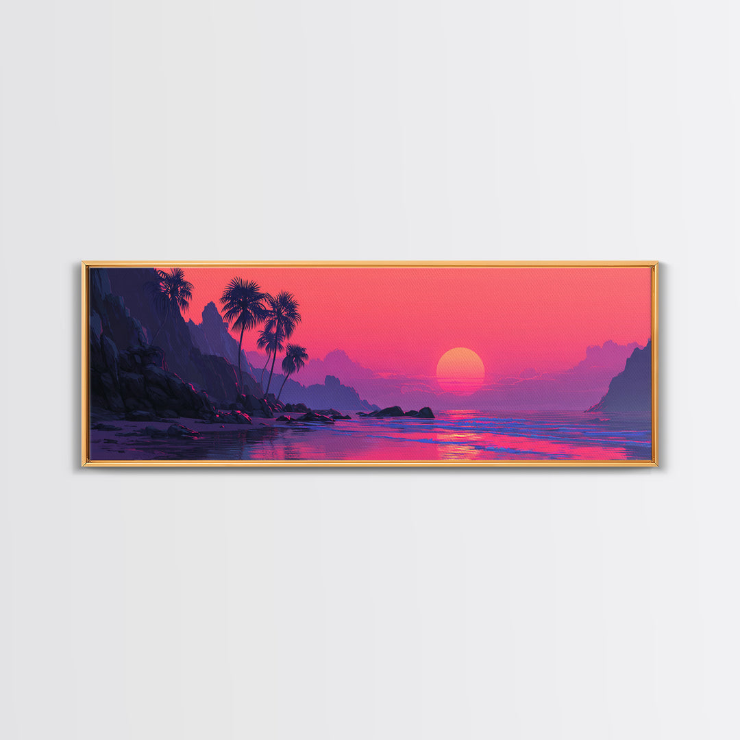 Magenta Tropical Cove Sunset Wall Art, Palm Island Ocean Landscape, Vaporwave Coastal Canvas Decor For Modern Living Room
