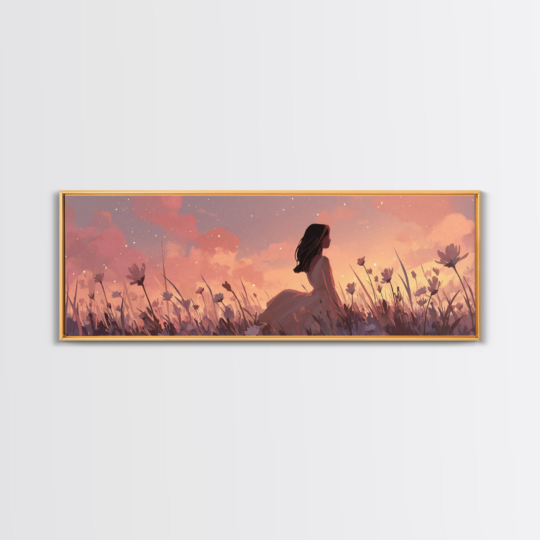 Sunset Girl In Wildflower Meadow Wall Art, Dreamy Feminine Landscape Print, Boho Bedroom Decor, Romantic Canvas Gift For Her