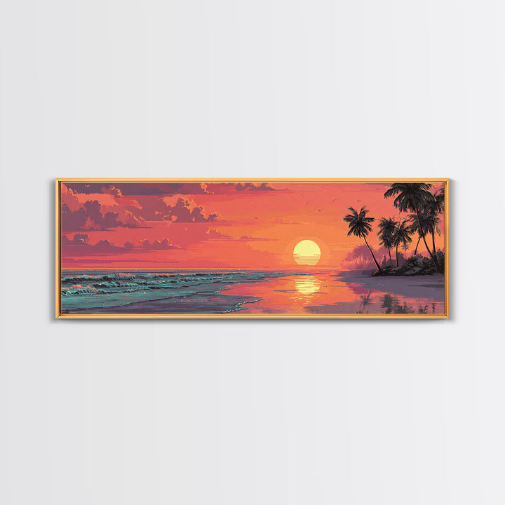 Pink Tropical Beach Sunset With Palm Trees Wall Art, Coastal Canvas Print, Ocean Decor, Summer Beach House Wall Decor, Living Room Art