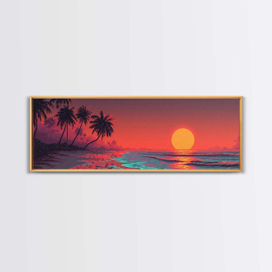 Tropical Palm Beach Sunset Wall Art, Ocean Canvas Print, Coastal Decor, Beach House Decor, Vibrant Living Room Art, Large Horizontal Art