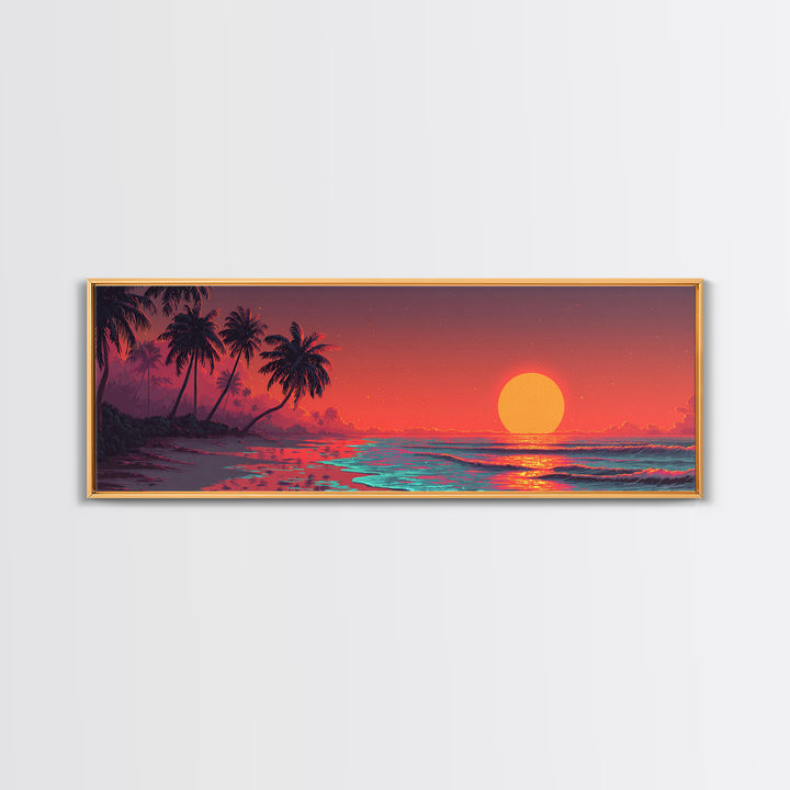 Tropical Palm Beach Sunset Wall Art, Ocean Canvas Print, Coastal Decor, Beach House Decor, Vibrant Living Room Art, Large Horizontal Art