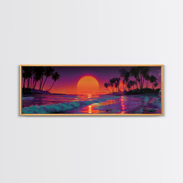Tropical Sunset Beach With Palms And Waves, Coastal Wall Art, Retro Vaporwave Canvas Print, Beach House Decor, Large Wall Art
