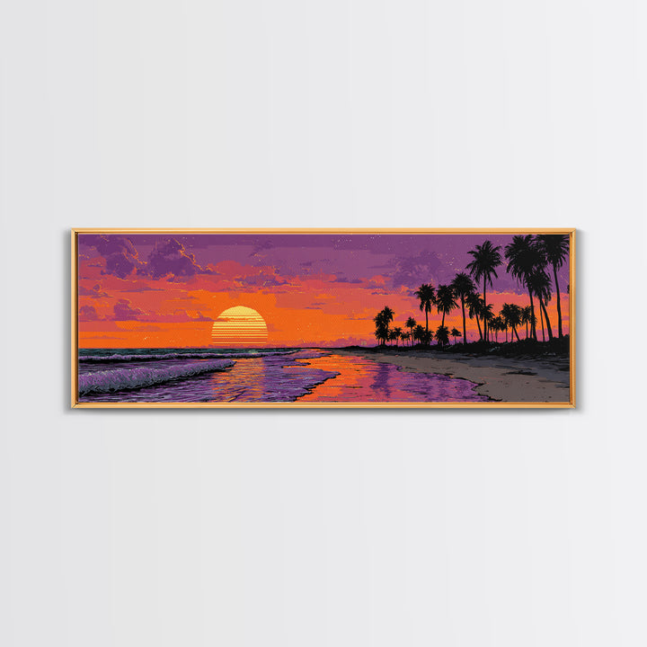 Pixel Tropical Beach Sunset With Palms Wall Art, Retro Coastal Canvas Print, Beach House Decor, Summer Travel Poster Gift