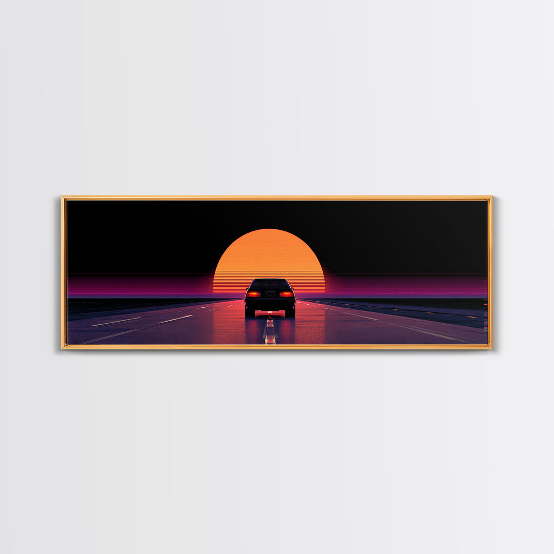Retro Car Driving Into Striped Sunset, Synthwave Canvas Print, Vaporwave Wall Art, Man Cave Decor, Gift For Him, Retro Poster