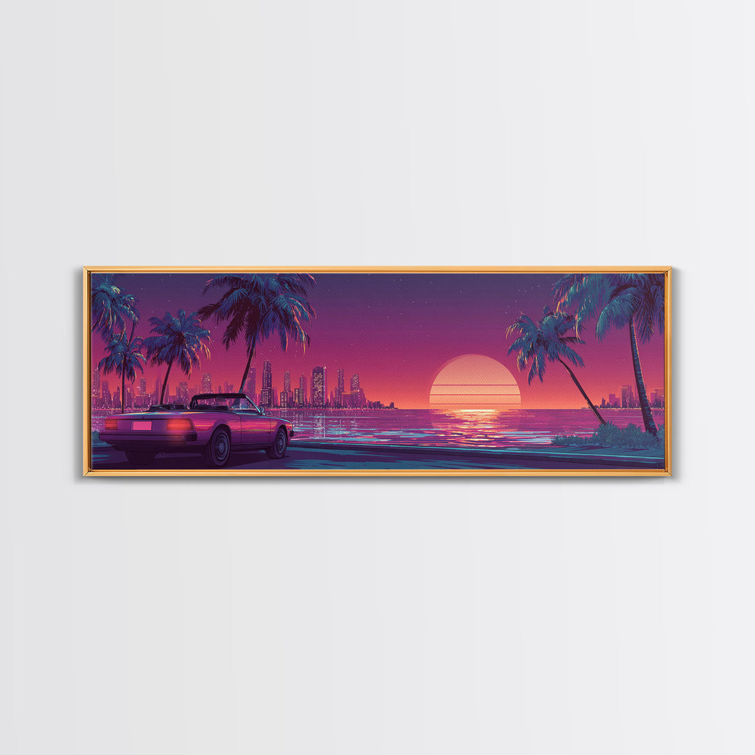 Neon Retro Sports Car On Palm Coast Canvas Print, Vaporwave City Wall Art, Synthwave Decor, Gift For Him, Man Cave Decor