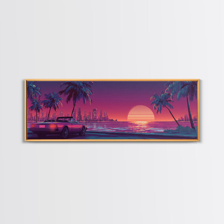 Neon Retro Sports Car On Palm Coast Canvas Print, Vaporwave City Wall Art, Synthwave Decor, Gift For Him, Man Cave Decor