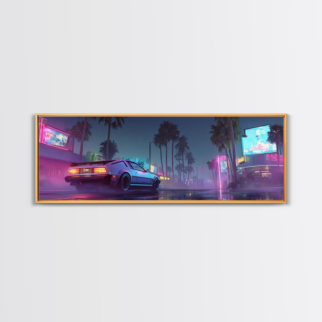 Neon Cyberpunk Sports Car Canvas Print, Futuristic Neon City Wall Art, Synthwave Gaming Room Decor, Vaporwave Gift For Him