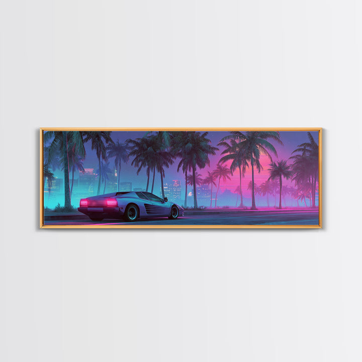 Neon Sports Car Under Palm Trees Wall Art, Cyberpunk Cityscape Canvas, Retro Futurism Decor, Gaming Room Wall Decor, Home Decor