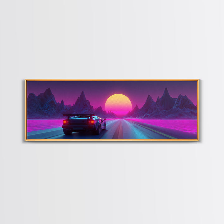 Neon Sports Car On Synthwave Highway Canvas Print, Retro Futuristic Wall Art, Cyberpunk Decor, Vaporwave Gaming Room Art