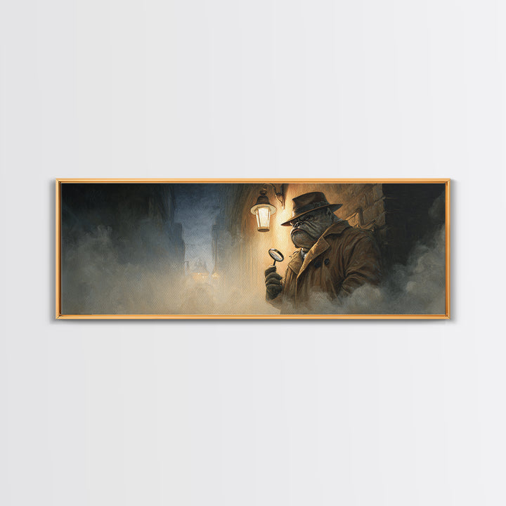 Noir Frog Detective In Foggy Alley Framed Canvas Print, Dark Academia Wall Art, Whimsical Animal Office Decor Gift For Him