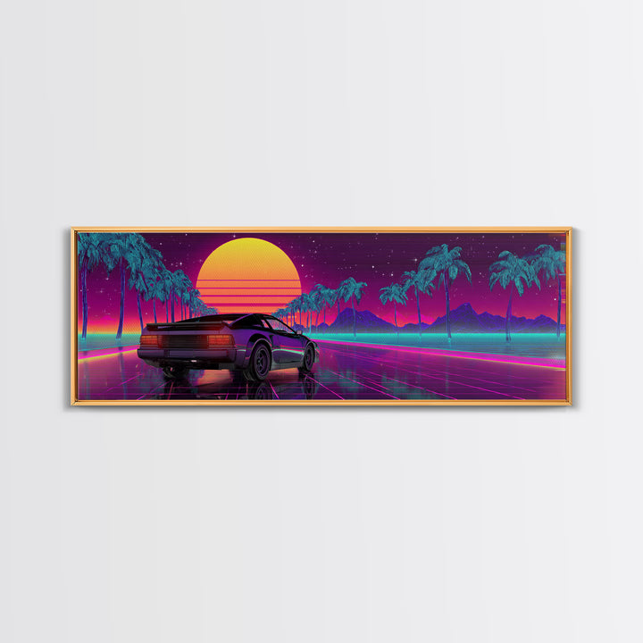 Vaporwave Sports Car Under Neon Palms Canvas Print, Retro Futuristic Wall Art, 80s Synthwave Decor, Gamer Room Poster, Modern Wall Decor