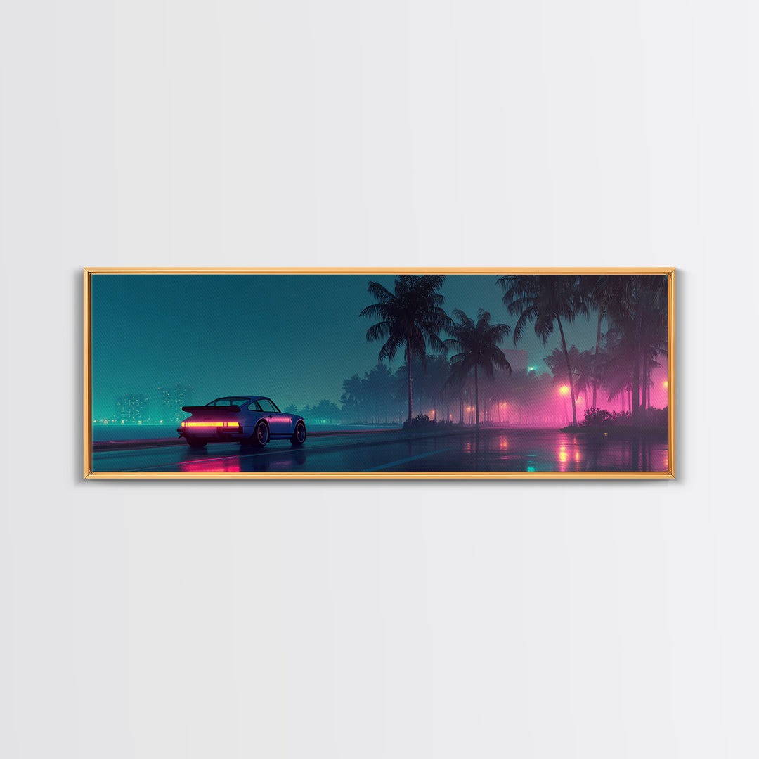 Neon Cyberpunk Sports Car Wall Art, Rainy Palm City Canvas Print, Futuristic Vaporwave Decor, Modern Gaming Room Gift For Him