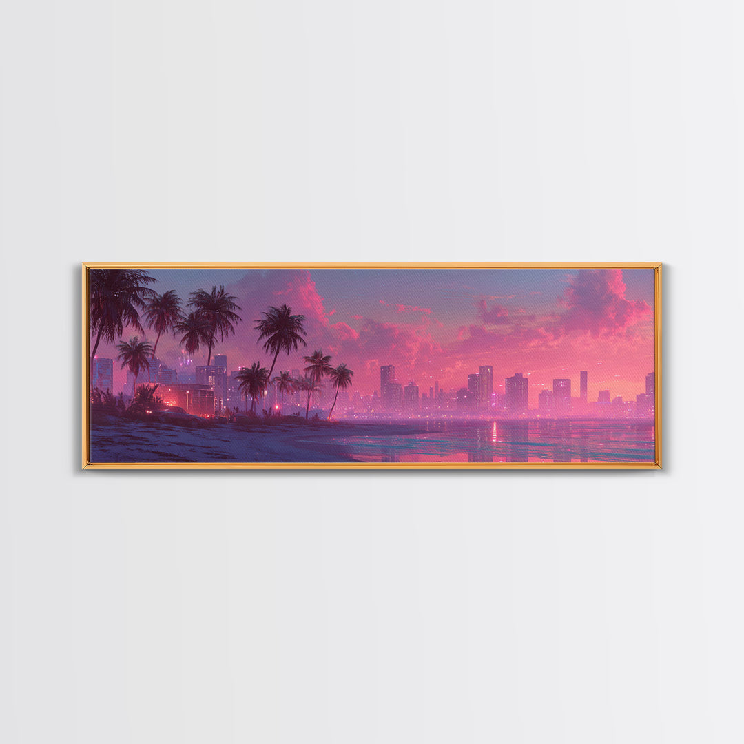 Pink Coastal City Beach Wall Art, Palm Skyline Canvas Print, Tropical Ocean Decor, Miami Style Poster, Modern Living Room Decor