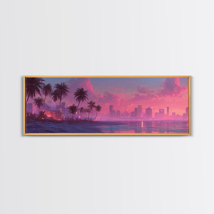 Pink Coastal City Beach Wall Art, Palm Skyline Canvas Print, Tropical Ocean Decor, Miami Style Poster, Modern Living Room Decor