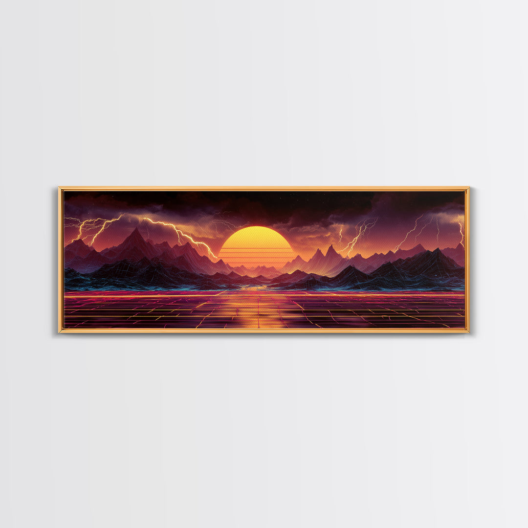 Neon Storm Mountains With Grid Sunset Wall Art, Retro Futuristic Canvas Print, Lightning Landscape For Gaming Room Decor
