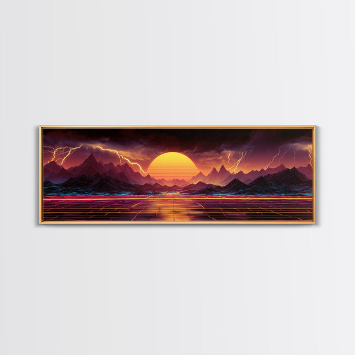 Neon Storm Mountains With Grid Sunset Wall Art, Retro Futuristic Canvas Print, Lightning Landscape For Gaming Room Decor
