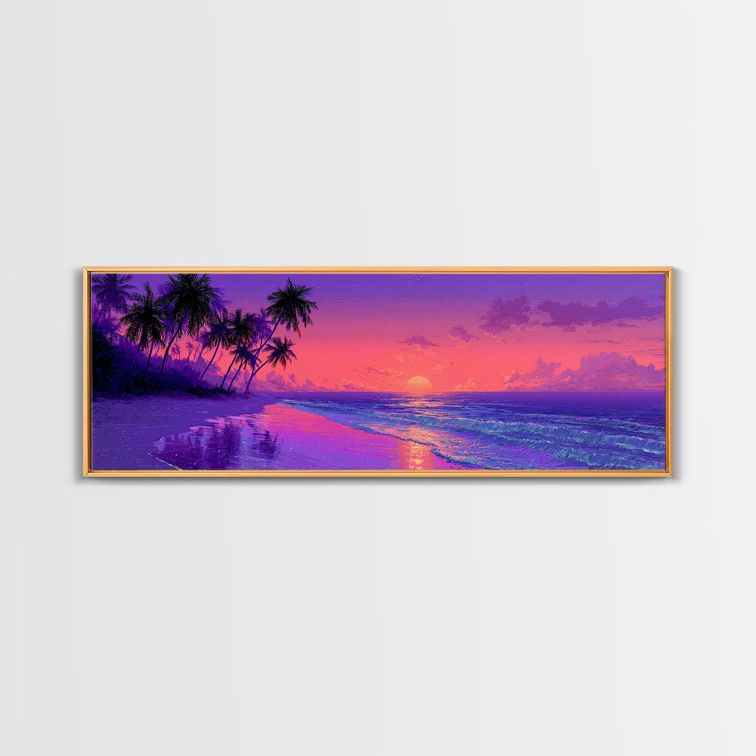 Purple Tropical Beach Sunset Canvas Print, Coastal Wall Art, Palm Tree Ocean Decor, Beach House Decor, Summer Bedroom Art