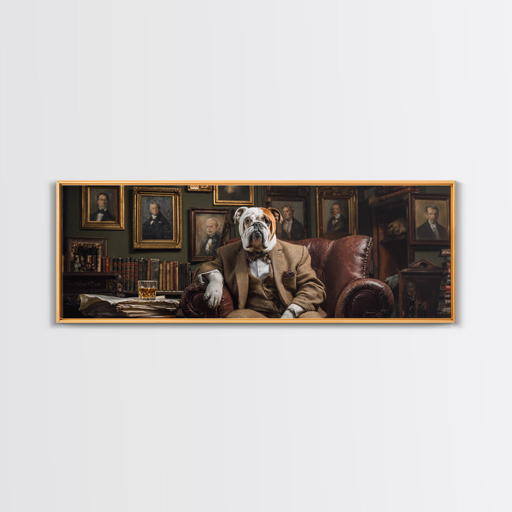 Aristocratic Bulldog In Library Chair Wall Art, Funny Animal Portrait Canvas Print, Dark Academia Office Decor Gift For Him