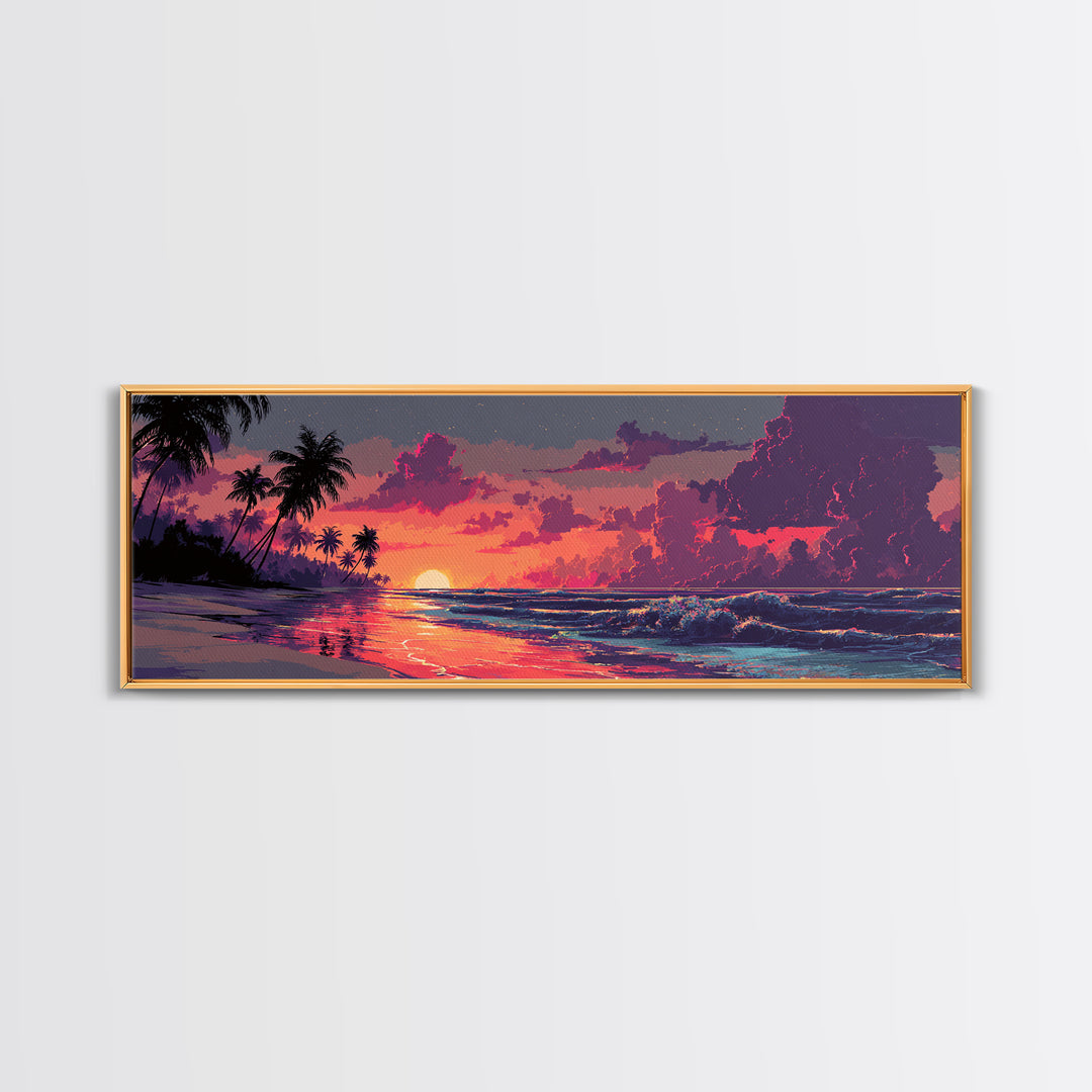 Tropical Palm Beach Sunset Wall Art, Coastal Home Decor, Ocean Wave Print, Beach House Canvas, Summer Living Room Decor Gift