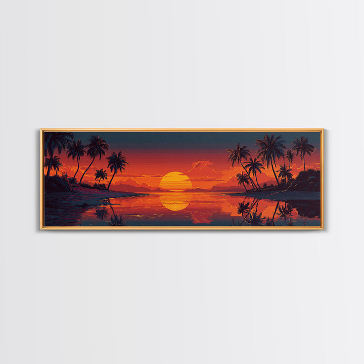 Retro Tropical Sunset Lagoon Wall Art, Pixel Beach Canvas Print, Palm Tree Decor, Coastal Wall Art, Vibrant Wall Decor, Home Decor