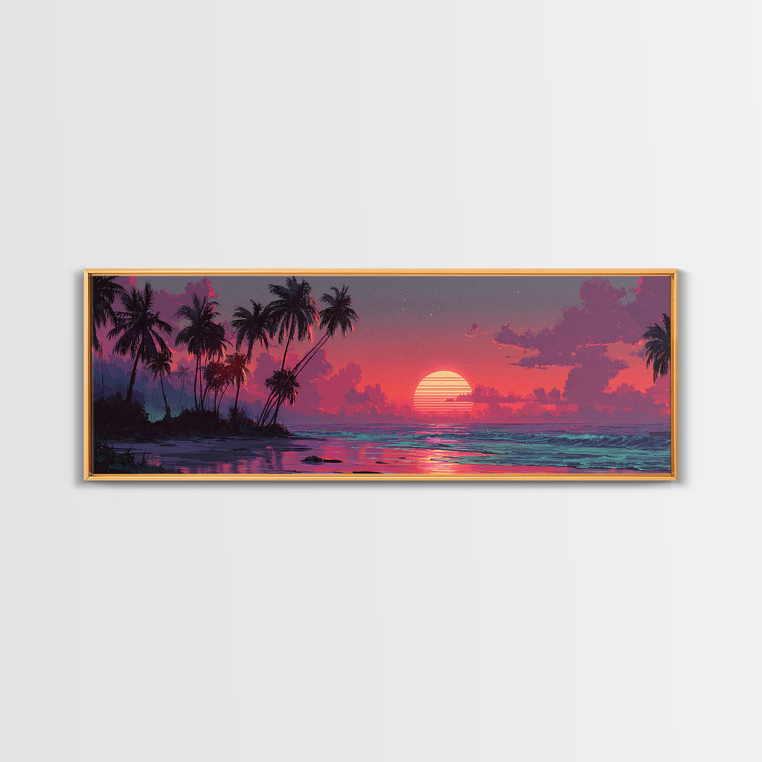 Tropical Island Sunset Canvas Print, Retro Beach Wall Art, Palm Tree Ocean Decor, Modern Coastal Bedroom Poster, Summer Vibes