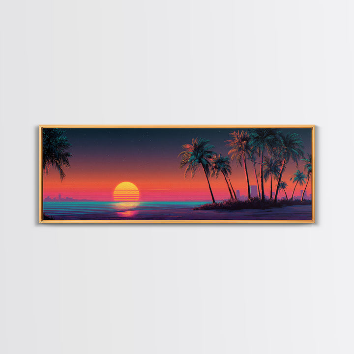 Retro Neon Beach Sunset With Palm Trees Wall Art, Synthwave Coastal Canvas Print, Tropical Ocean Decor, Large Panoramic Living Room Art