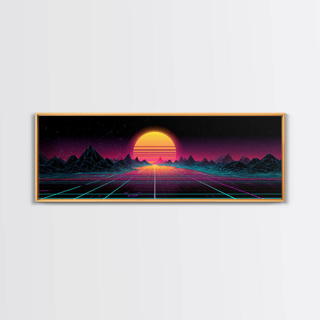 Retro Synthwave Sunset Mountain Wall Art, Vaporwave Canvas Print For Gaming Room Decor, Neon 80s Poster And Dorm Decor Gift