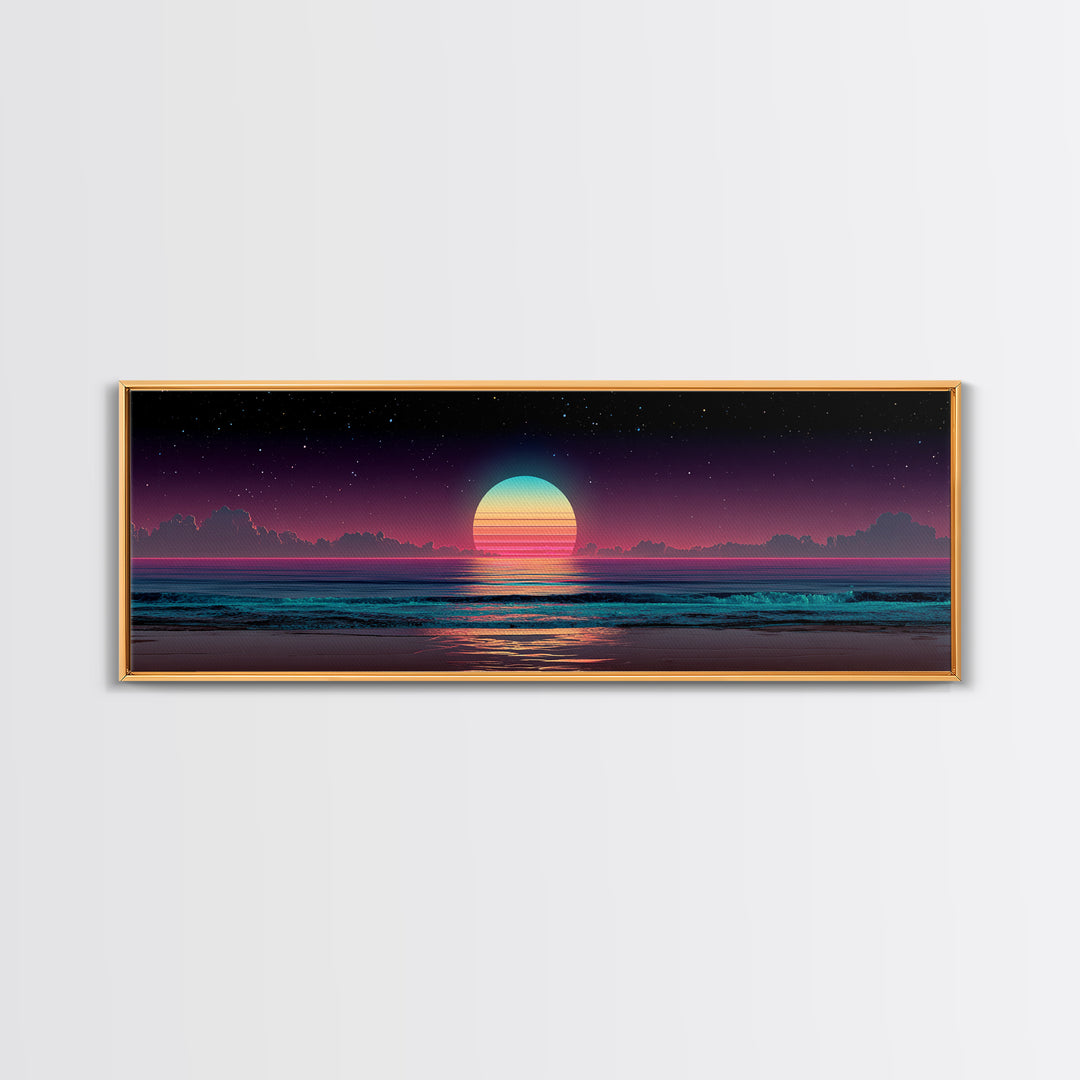 Retro Cosmic Ocean Sunset Canvas Print, Neon Beach Wall Art, Synthwave Seascape, Coastal Decor, Bedroom Poster, Home Decor