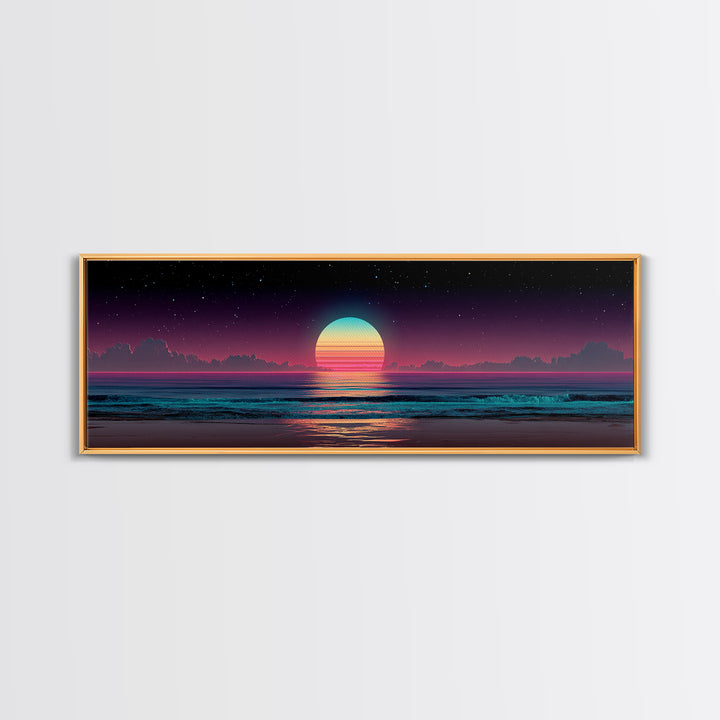 Retro Cosmic Ocean Sunset Canvas Print, Neon Beach Wall Art, Synthwave Seascape, Coastal Decor, Bedroom Poster, Home Decor