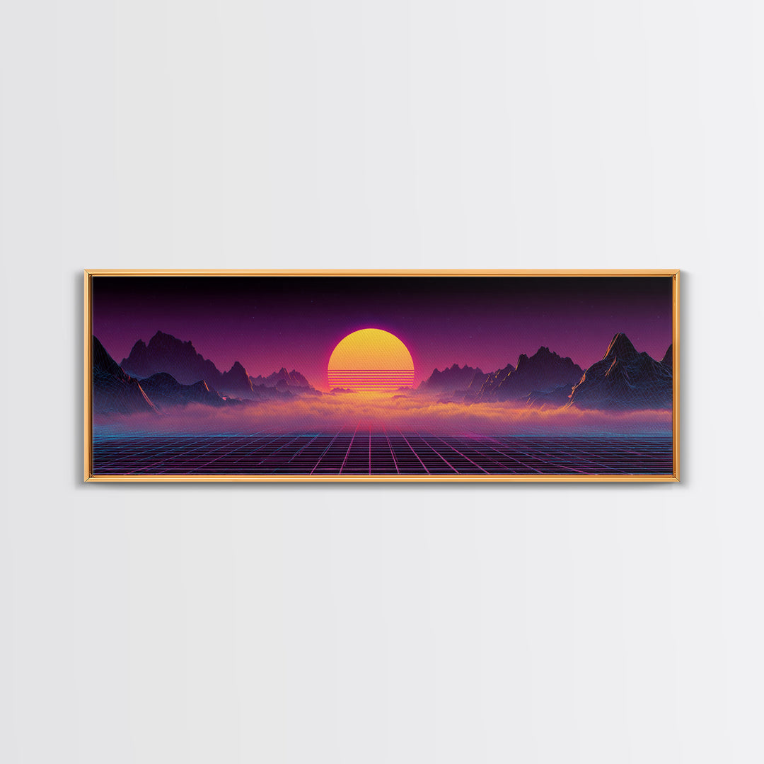 Neon Retro Futuristic Sunset Wall Art, Synthwave Mountain Grid Canvas, Vaporwave Decor, Gaming Room Poster, 80s Art, Cyberpunk Gift