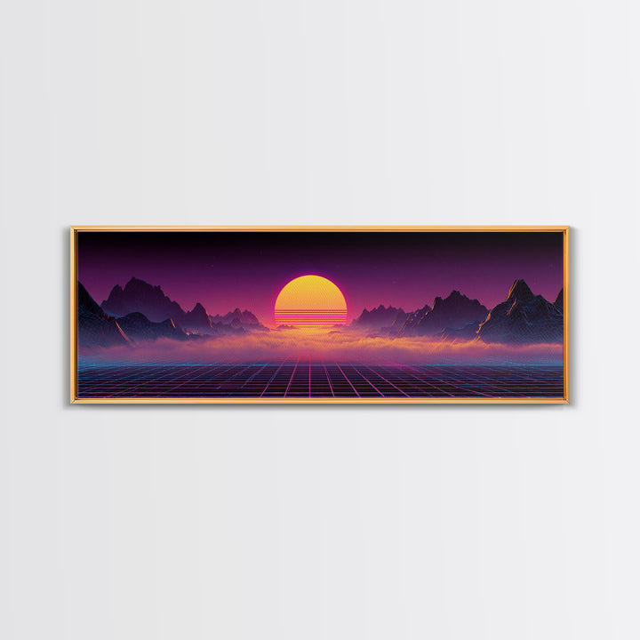 Neon Retro Futuristic Sunset Wall Art, Synthwave Mountain Grid Canvas, Vaporwave Decor, Gaming Room Poster, 80s Art, Cyberpunk Gift
