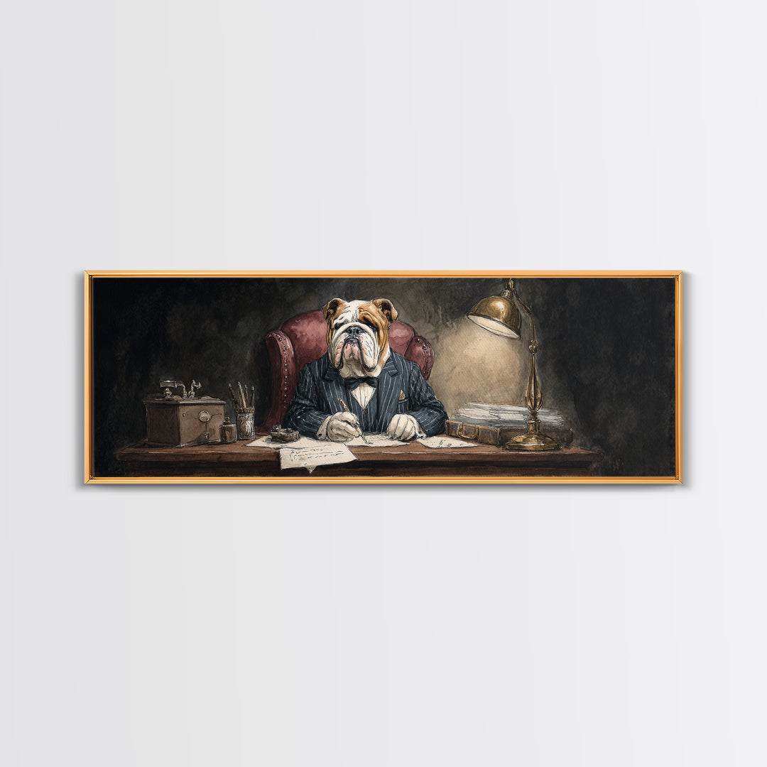 Bulldog Lawyer At Desk Framed Canvas Print, Moody Office Wall Art, Funny Animal Portrait For Law Office Decor Housewarming Gift