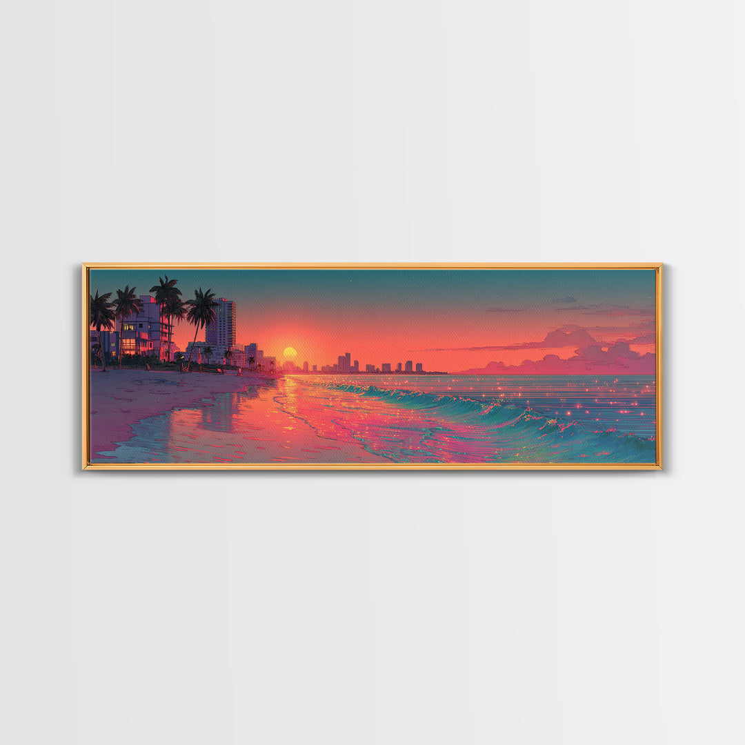 Pixel Art Beach Sunset And Neon Shoreline Wall Art, Miami Coastal Print, Retro Travel Poster, Ocean Decor For Living Room