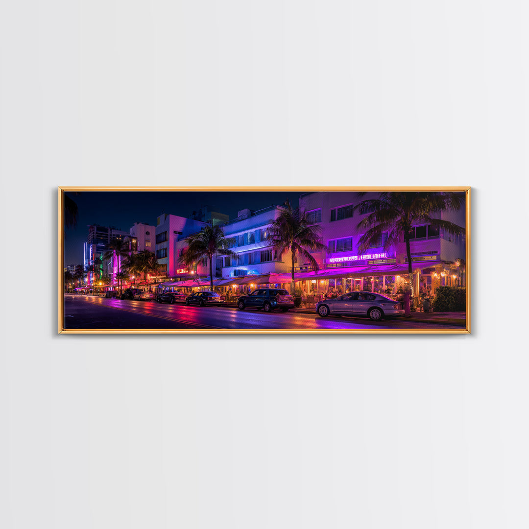 Neon Miami Beach Street Canvas Print, Art Deco Hotel Wall Art, Tropical Nightlife, Travel Poster, Cityscape Home Decor Print