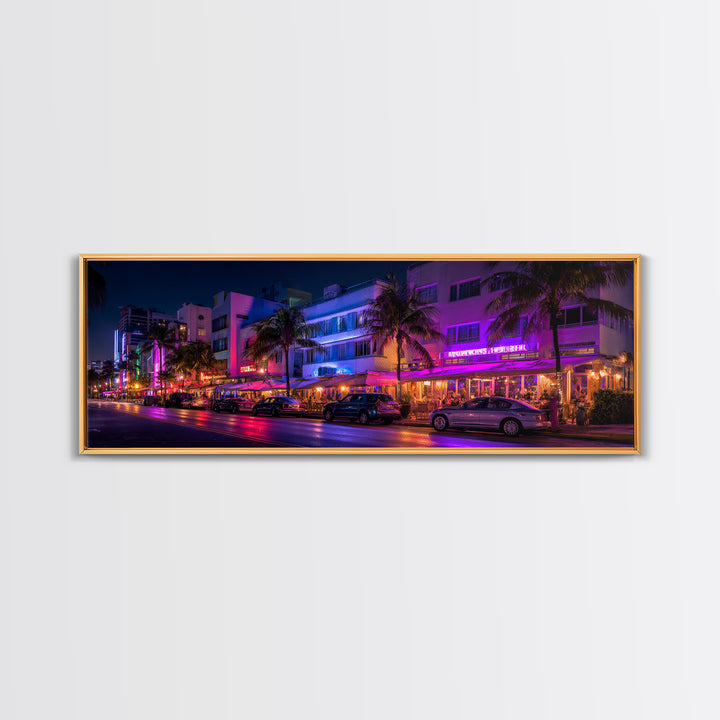 Neon Miami Beach Street Canvas Print, Art Deco Hotel Wall Art, Tropical Nightlife, Travel Poster, Cityscape Home Decor Print