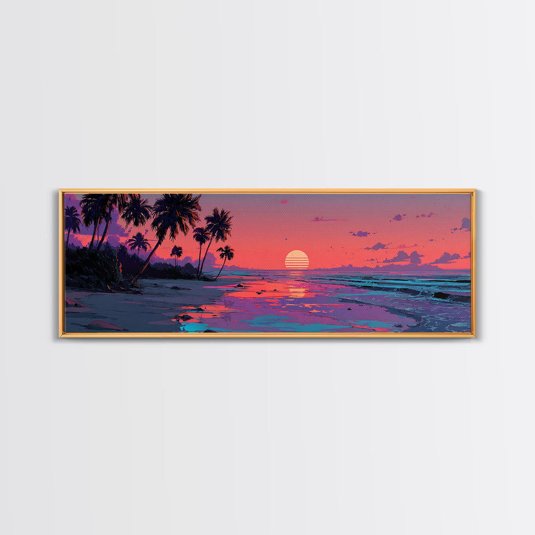 Pink Tropical Island Sunset With Palms Canvas Print, Beach Wall Art, Coastal Home Decor, Ocean Poster, Summer Gift For Her