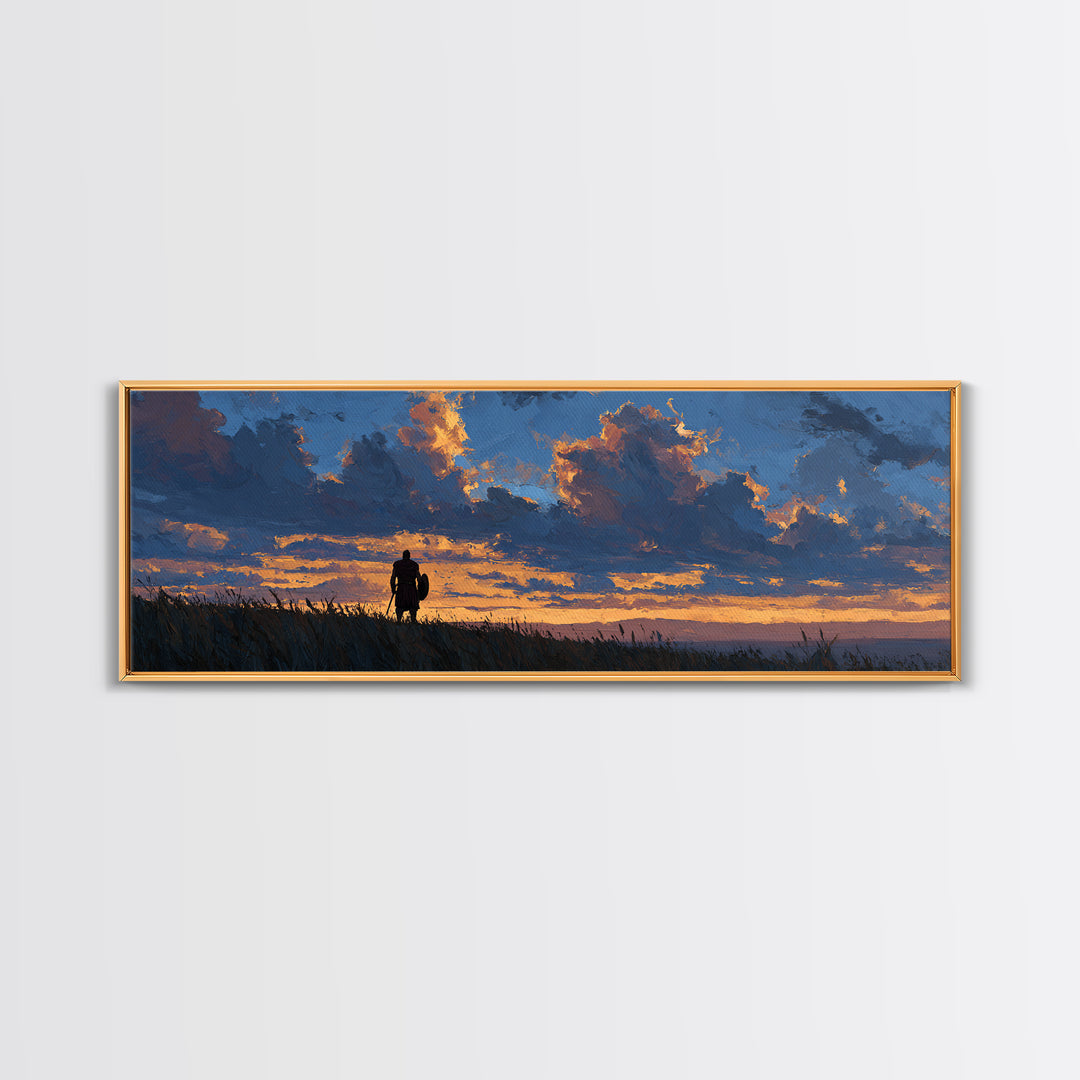Dramatic Lone Figure Under Fiery Clouds Wall Art, Moody Sunset Landscape Canvas Print, Rustic Nature Decor, Gift For Him Or Her